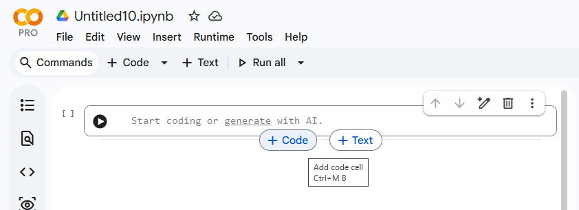 צילום Colab שצירף גלעד מרקמן: הכפתורים + Code ו־+ Text מופיעים בקצה התחתון של תא קיים בעקבות מעבר העכבר