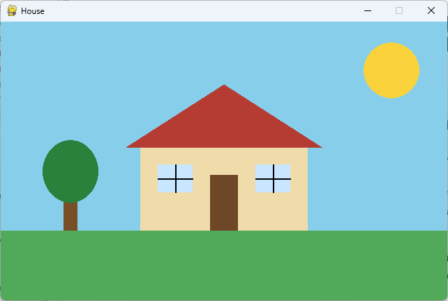 חלון Pygame בשם House ובו בית עם גג אדום, דלת ושני חלונות, עץ, שמש ודשא.