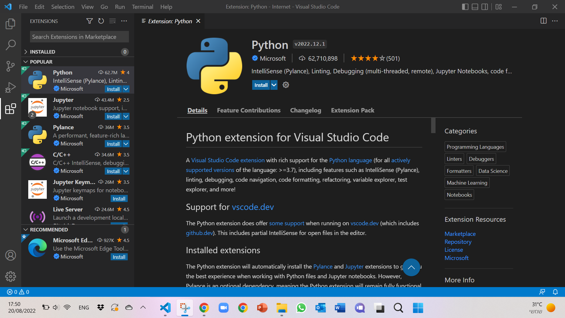 הרחבת Python של Microsoft: חיפוש ההרחבה וכפתור Install. צילום מגרסה קודמת.