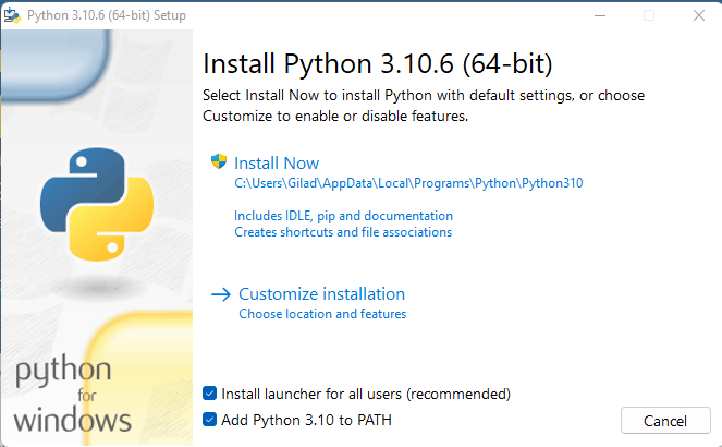 דוגמת המתקין הקלאסי: Add Python to PATH ו־Install Now. בצילום מופיעה גרסה קודמת, 3.10.6.