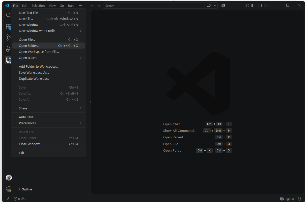 תפריט File ב־VS Code עם האפשרות Open Folder