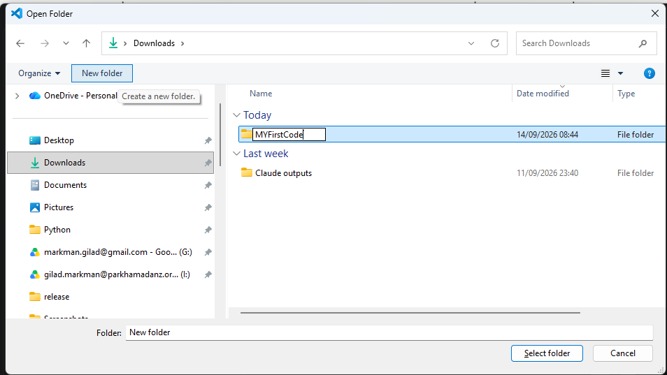 חלון Open Folder: יצירת תיקייה חדשה באמצעות New folder ואישור באמצעות Select folder