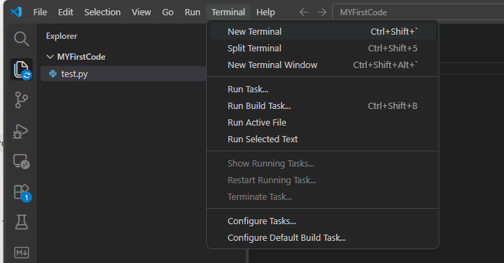 תפריט Terminal ב־VS Code עם האפשרות New Terminal