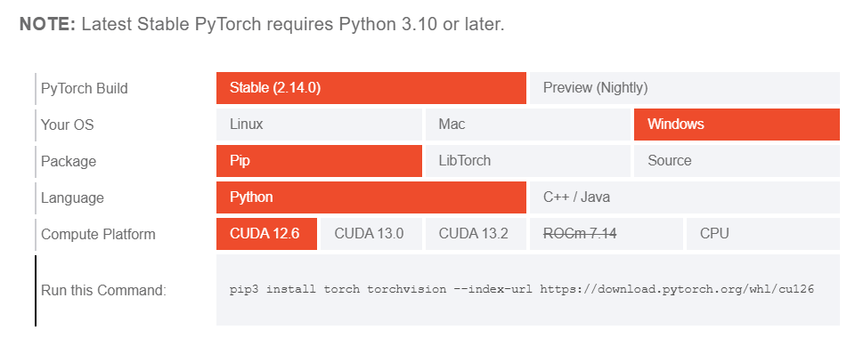 טבלת הבחירה Start Locally באתר PyTorch: Stable, Windows, Pip, Python, ובחירת CUDA או CPU. בתחתית פקודת pip3 install.