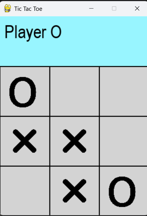 חלון המשחק Tic Tac Toe: כותרת Player O על רקע תכלת ולוח שלוש על שלוש עם O בפינה השמאלית העליונה, שני X בשורה האמצעית, X באמצע השורה התחתונה ו-O בפינה הימנית התחתונה