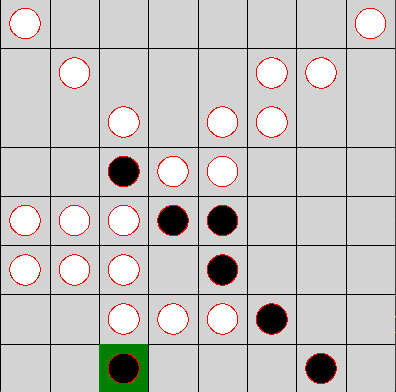 לוח Reversi בגודל שמונה על שמונה עם כלים לבנים ושחורים; משבצת ירוקה מסמנת את המהלך האחרון