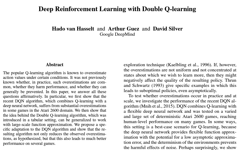 העמוד הראשון של המאמר Deep Reinforcement Learning with Double Q-learning