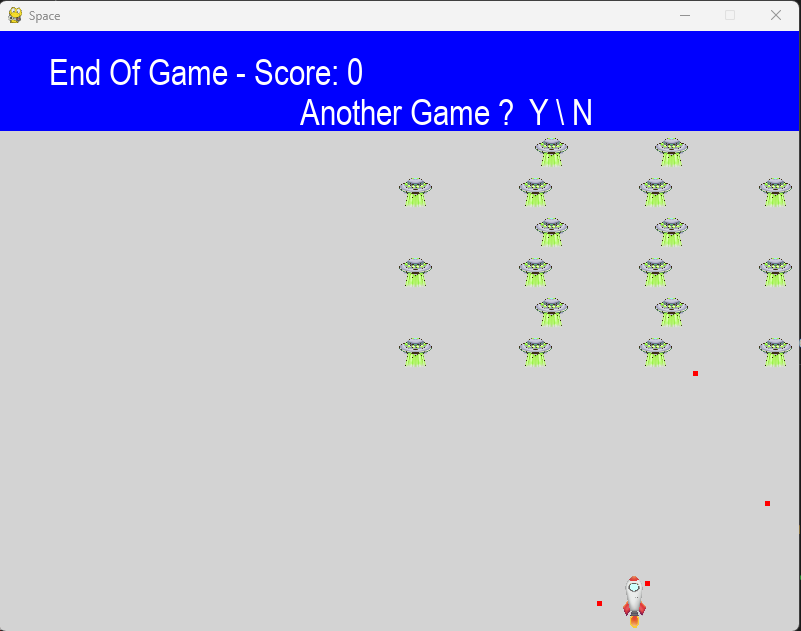 חלון משחק Space Invaders: חללית בתחתית המסך, שמונה עשר חלליות אויב ופסי כותרת כחולים