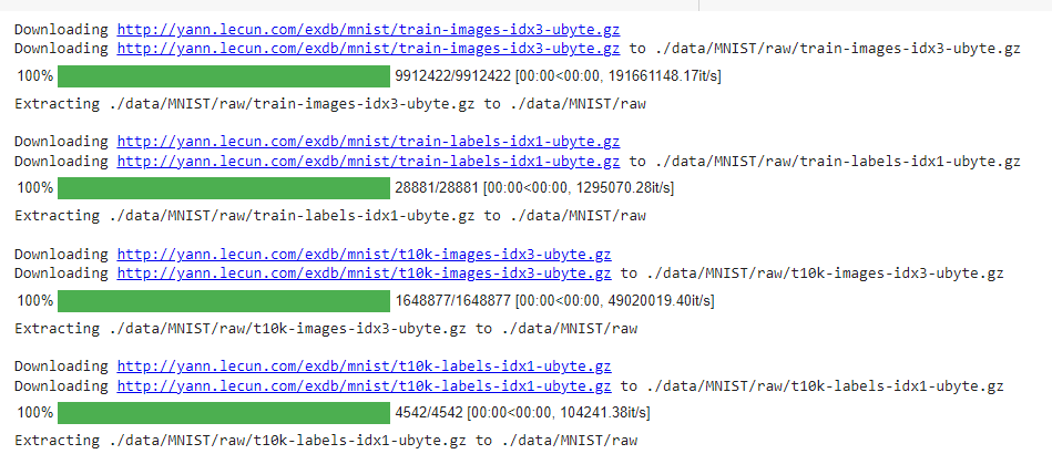 פלט הורדת MNIST: ארבע הודעות Downloading של קובצי gz, לכל אחת פס התקדמות ירוק של 100 אחוז, ואחריה הודעת Extracting אל התיקייה data/MNIST/raw.