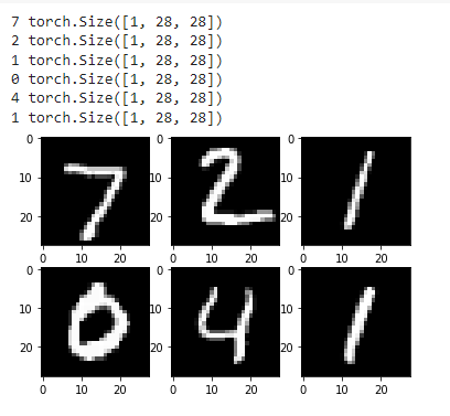 שש תמונות של ספרות בכתב יד מ־MNIST ברשת של שתיים על שלוש: 7, 2, 1 ומתחתן 0, 4, 1, לבנות על רקע שחור, ומעליהן שש שורות טקסט עם התווית וצורת הטנסור 1 על 28 על 28.