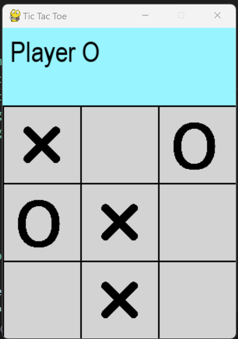 חלון משחק איקס עיגול: כותרת Player O ולוח שלוש על שלוש עם שני X ושני O