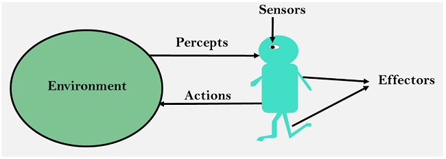 עיגול ירוק בשם Environment; ממנו יוצא חץ Percepts אל דמות של סוכן עם חיישנים, ומהסוכן חוזר חץ Actions אל הסביבה