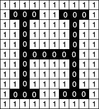האות H כמטריצה בינארית: 0 בשחור ו־1 בלבן.