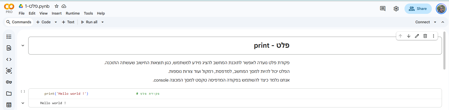 צילום סביבת Colab שסיפק גלעד מרקמן: הסבר בתא טקסט, קוד ופלט